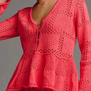 Anthropologie Pilcro Pointelle Babydoll Button Up Sweater Coral Womens XS Sheer